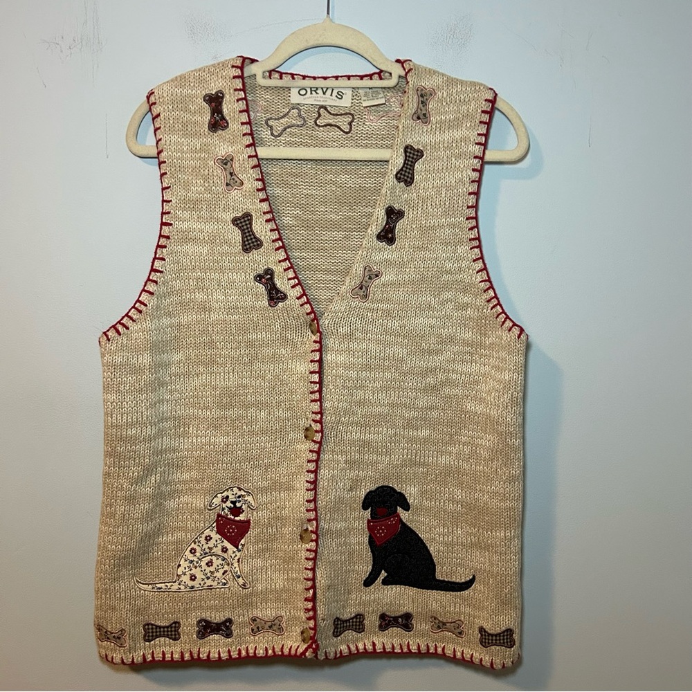 Orvis Vintage Puppy & Dog Bone Knit Button-Up Sweater Vest Size Medium